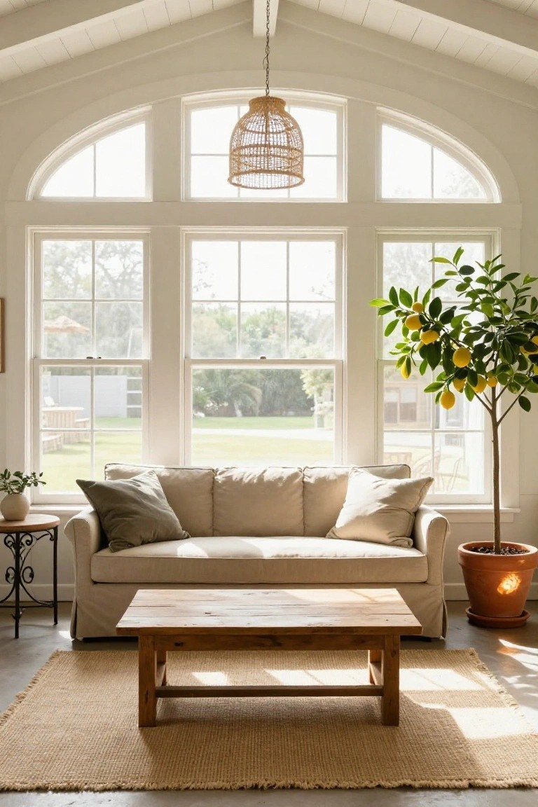 Sunlit sunroom interior featuring white exposed ceiling trusses, large multipaned windows with arched tops overlooking a lawn, beige slipcovered sofa, wooden coffee table, lemon tree in orange terracotta pot, and seagrass area rug on wood floor.