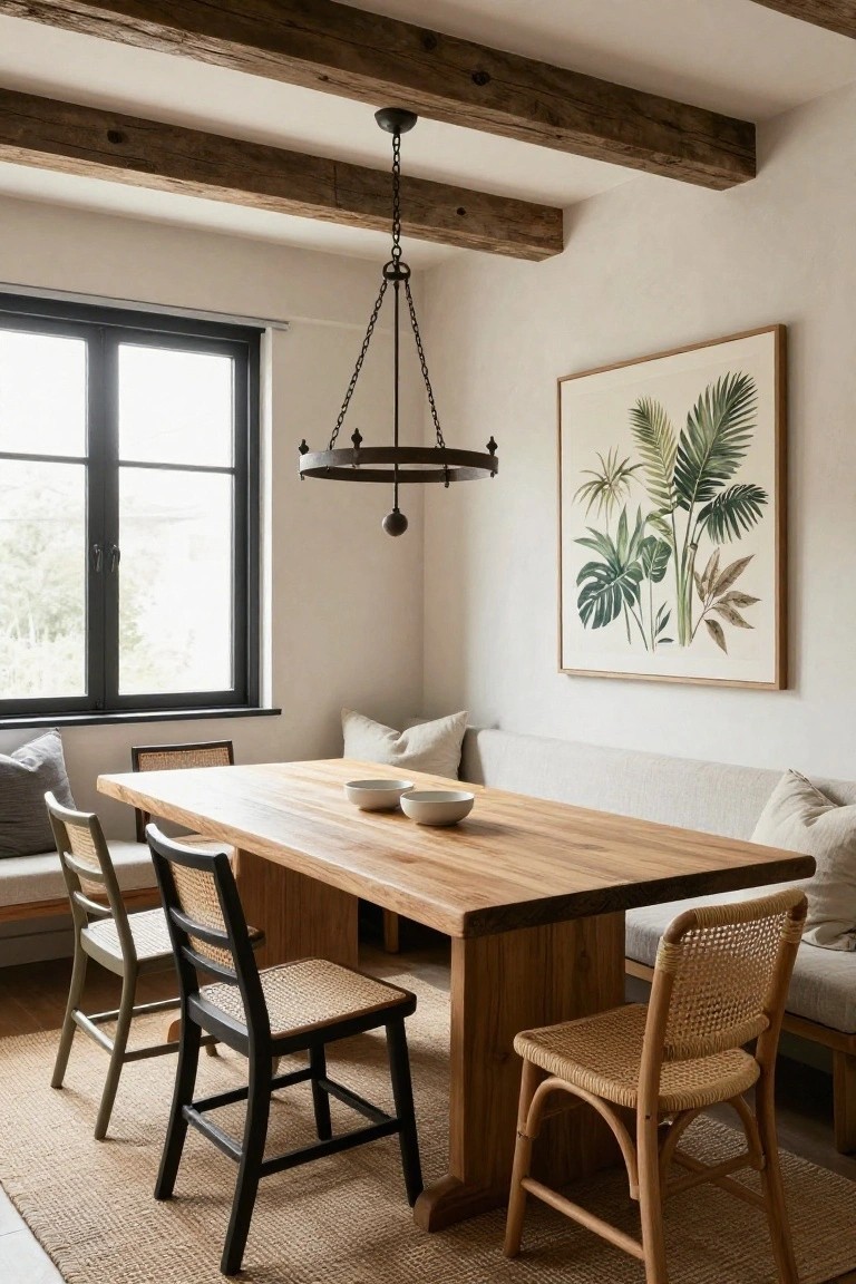 Dining nook in a modern farmhouse style with exposed wooden ceiling trusses, rectangular oak table, rattan and wood chairs, built-in cushioned bench, white bowls on table, large framed botanical print on wall, and black-framed window.