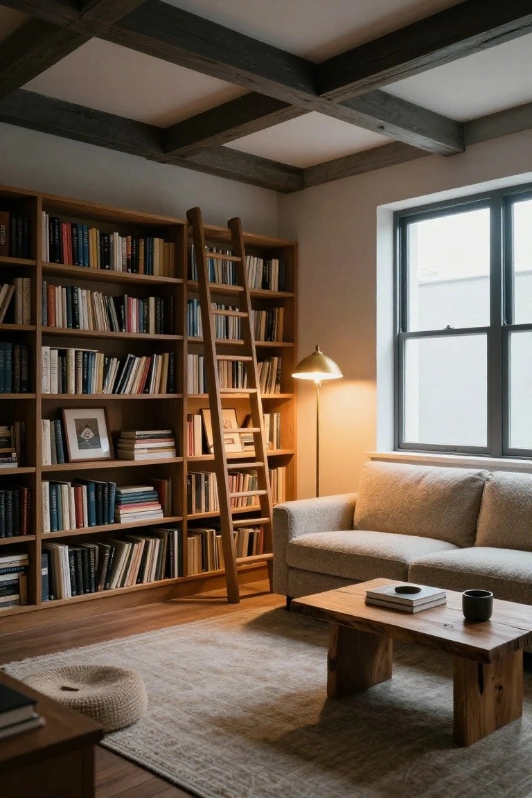 Interior room with tall wooden bookshelves filled with books and a rolling ladder, beige sofa, low wooden coffee table with books and mug, floor lamp, and exposed dark wooden trusses on white ceiling next to a window.