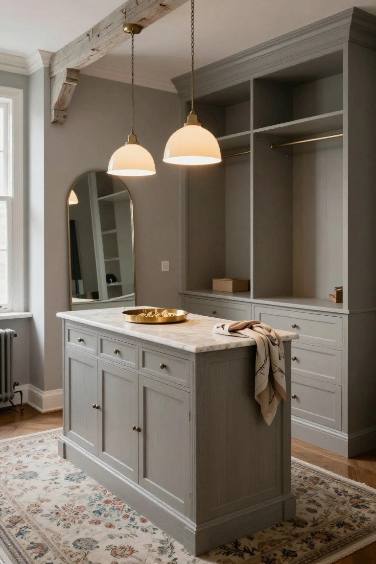 Walk-in closet interior with exposed wooden ceiling trusses, tall gray built-in wardrobes and shelving, central freestanding island topped in white marble with gold tray and draped towel, two gold pendant lights, arched gold mirror, and patterned rug on wood floor.