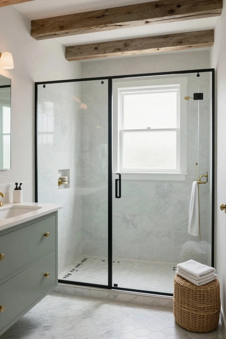 A modern farmhouse-style bathroom with exposed wooden ceiling beams, black-framed glass shower enclosure, sage green vanity with gold hardware, white marble hexagonal floor tiles, and stacked white towels on a wicker stool.