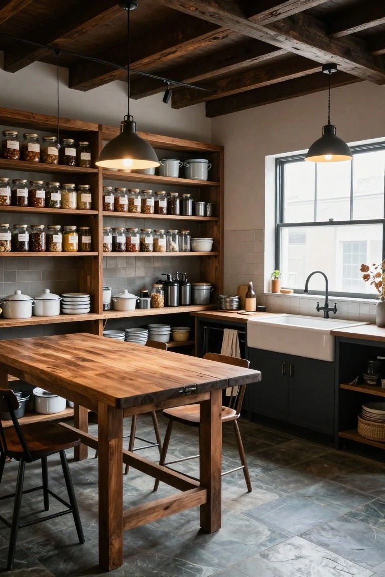 A modern farmhouse kitchen with dark exposed wooden ceiling trusses, wooden open shelving stocked with glass jars and ceramics, a large wooden dining table with mixed chairs, black pendant lights, and a white farmhouse sink beneath a window.