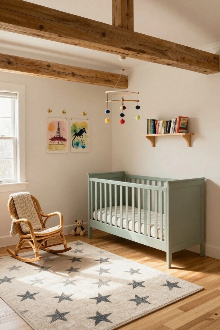 Nursery interior with exposed wooden beam ceiling, mint green crib, wicker rocking chair with blanket, teddy bear, star-patterned rug on hardwood floor, mobile, bookshelves, and two framed artworks on white walls.