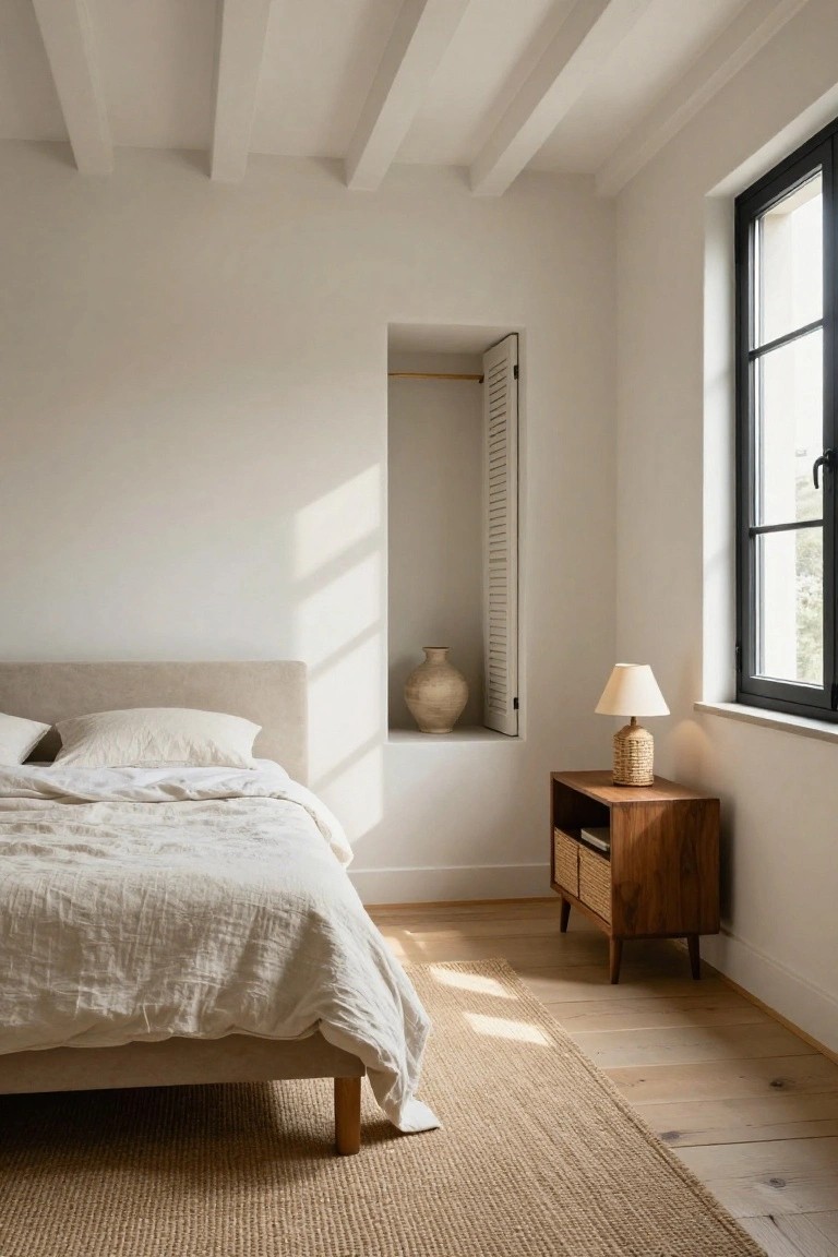 Minimalist bedroom with exposed wooden ceiling trusses, beige upholstered bed draped in white linen bedding, wooden nightstand holding a rattan lamp, built-in niche closet with louvered doors, black-framed window, and jute rug on oak floors.