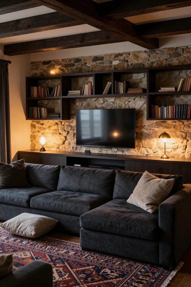 A living room with dark exposed wooden ceiling beams, stone accent wall behind built-in bookshelves and mounted TV, dark gray L-shaped sofa, beige pillows, floor cushions, and red patterned rug on wood floor.