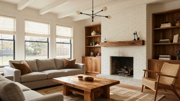 A living room with exposed white wooden ceiling trusses, tall walnut bookshelves stocked with books and pottery, a light gray L-shaped sofa with beige pillows, a live-edge wood coffee table, rattan armchairs, and a white brick fireplace under black-framed windows.