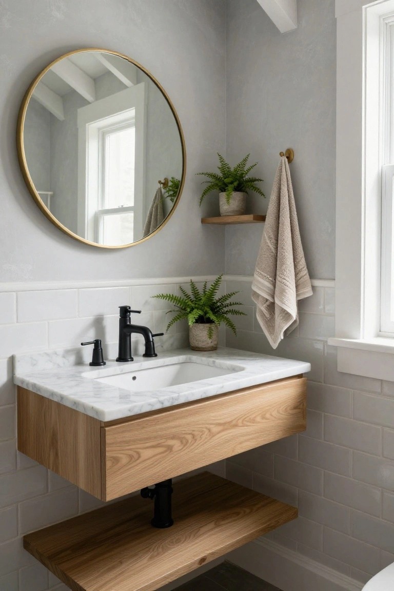 Small powder room interior with floating light oak wood vanity and marble sink top, black faucet, round gold mirror, potted ferns, beige towel on brass hook, white subway tile wainscot, light gray plaster walls, exposed wood beam ceiling, and side window.