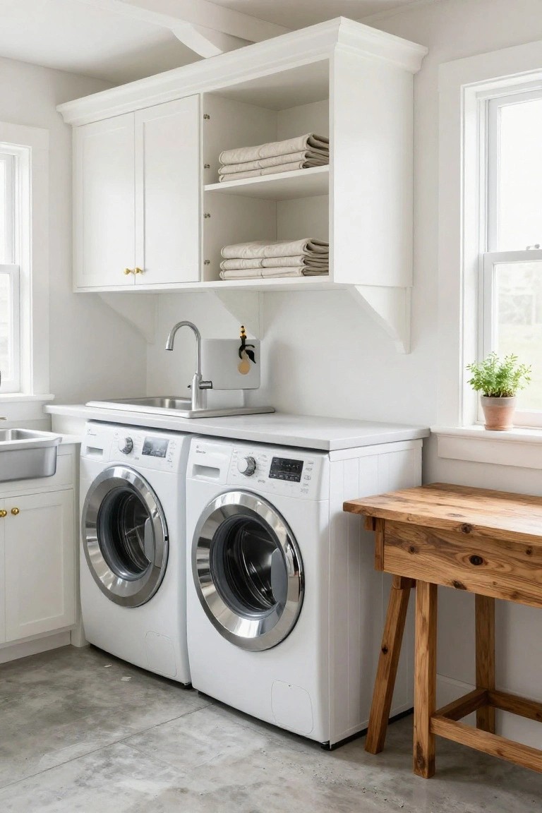 White laundry room with side-by-side front-loading washers and dryers, stainless utility sink, white upper cabinets holding folded linens, wooden sawhorse-style folding table, and exposed white ceiling trusses next to a window with potted plant.