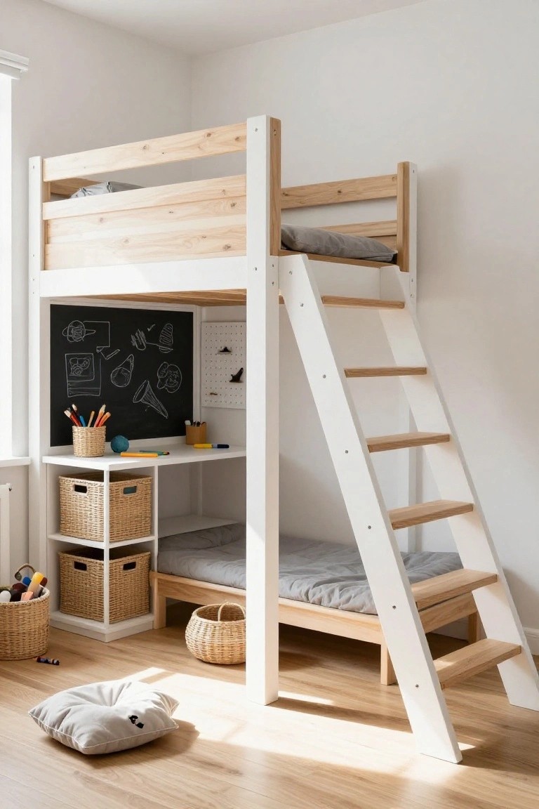 A white and natural wood loft bunk bed with integrated stairs, under-bed desk, blackboard, storage bins, and pillows in a bright minimalist child's bedroom.