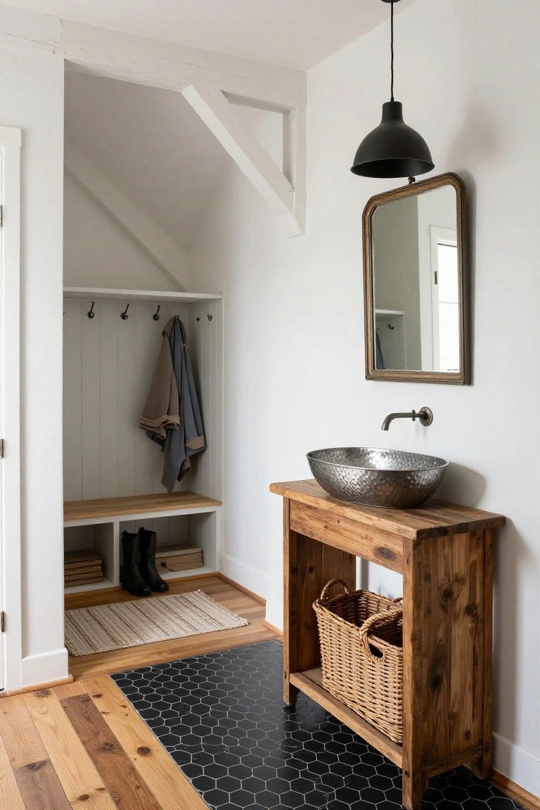 White mudroom interior with exposed wooden trusses, built-in shiplap wall with hooks and bench, wood vanity holding hammered metal sink, black hexagonal floor tiles, and hanging coats and boots.