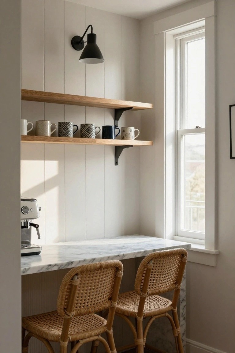 White shiplap wall with floating oak shelves holding white, black, and patterned ceramic mugs, white espresso machine on marble countertop below, two rattan bar stools, and window with natural light.