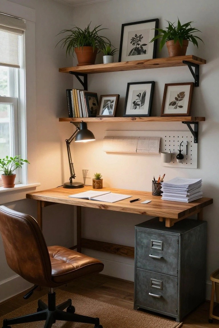 A cozy home office corner with a wooden desk, open notebook, leather chair, floating oak shelves holding books frames and potted plants, a pegboard panel with hooks and paper roll, and a gray metal file cabinet.