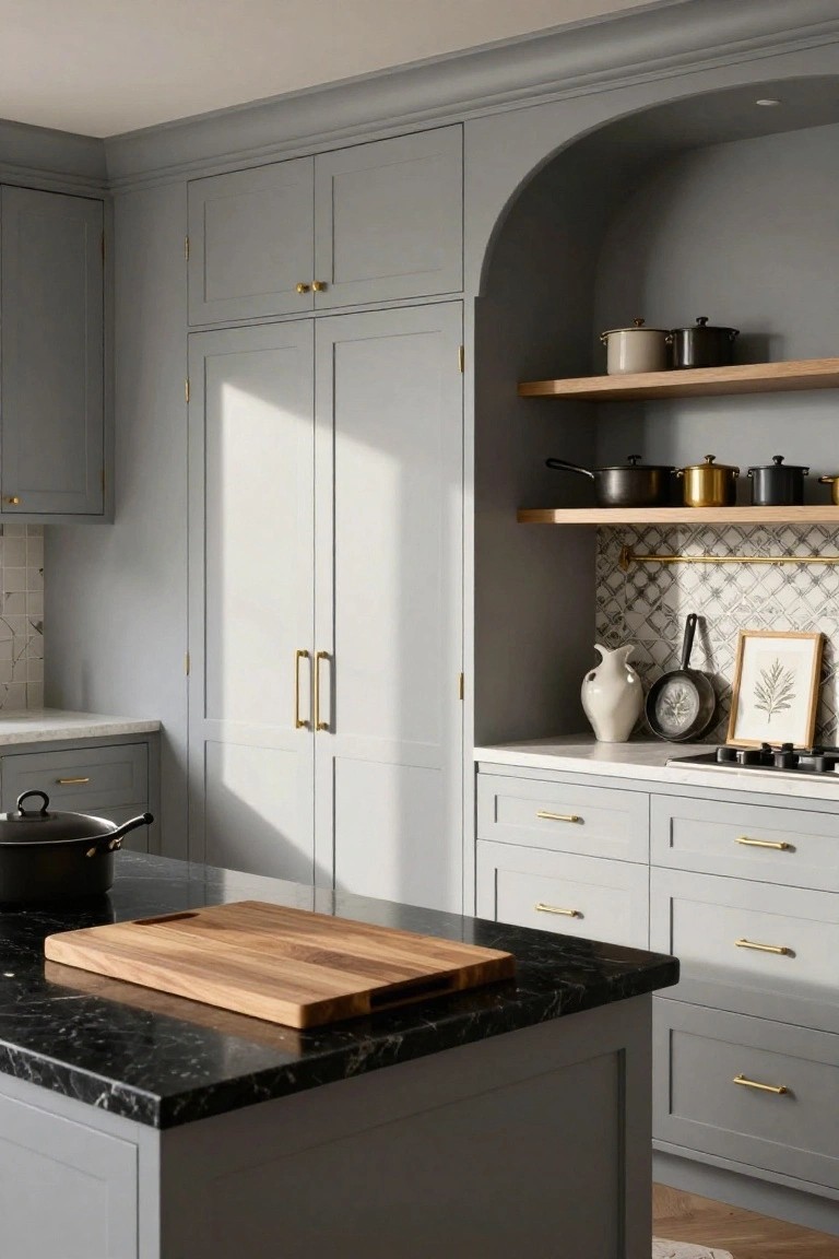 Gray kitchen interior with tall arched cabinet nook featuring open wooden shelves displaying assorted pots and pans, black marble island countertop, gold hardware, and white countertops nearby.