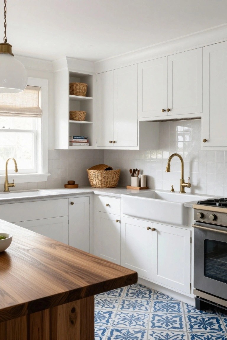 Bright white shaker-style kitchen with brass hardware and faucet, wood island, farmhouse sink, open shelves with baskets, and blue patterned tile floor under a window.