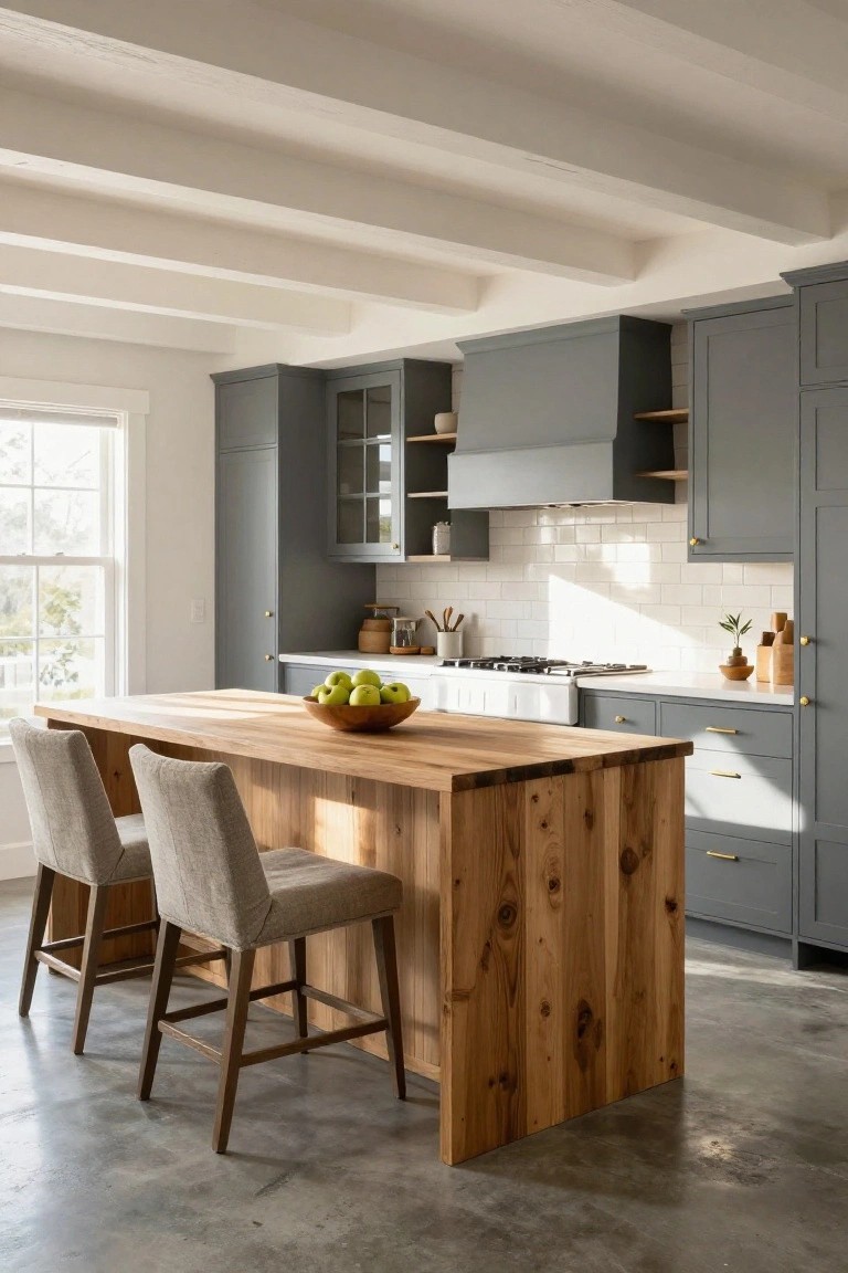 Transitional kitchen interior with gray shaker cabinets, glass-front uppers, white subway tile backsplash, prominent wooden island with bar stools, bowl of green apples, and polished concrete floor.