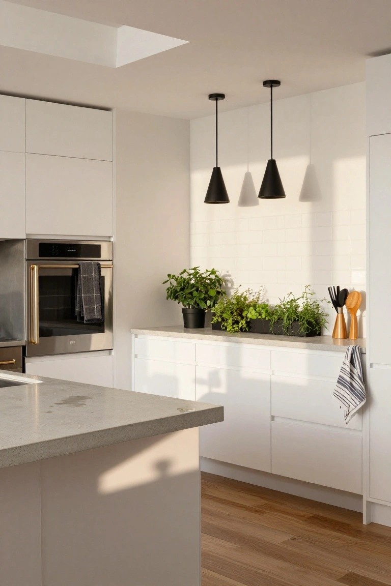 Modern white kitchen with gray quartz countertop, stainless steel oven, black pendant lights overhead, rectangular black herb planter on counter shelf, potted plants, utensils, and light wood floors.