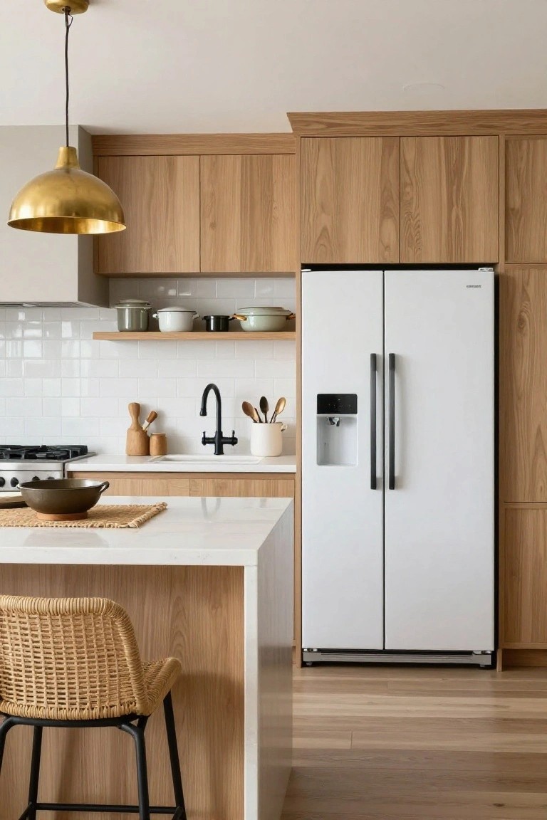 Modern kitchen with light oak cabinets, white quartz island and counters, white double-door refrigerator, black faucet, brass pendant light, and rattan bar stool.