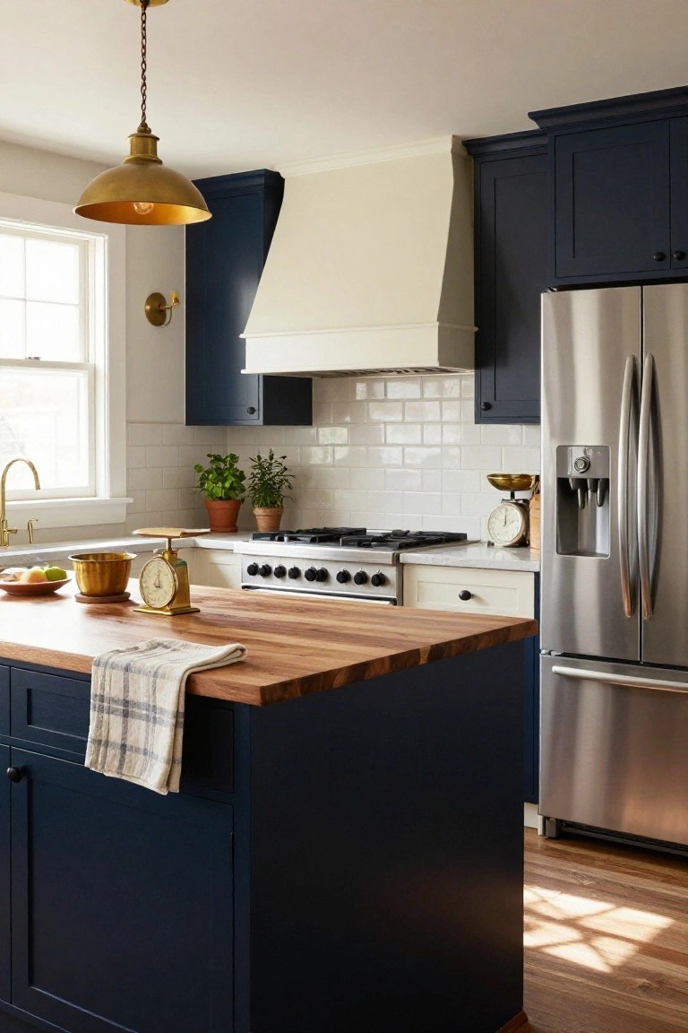 Transitional kitchen with navy blue cabinets, butcher block island countertop draped with a towel, gold scale and bowl on the counter, stainless steel fridge and range, white subway tile backsplash, and brass pendant light.