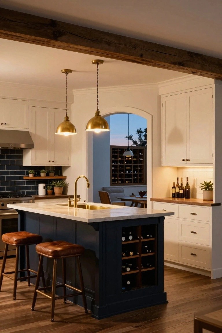 Kitchen with navy island topped by white marble, built-in wine racks, two brown leather bar stools, white shaker cabinets, brass pendant lights over island, blue subway tile backsplash, and arched doorway to outdoor patio.