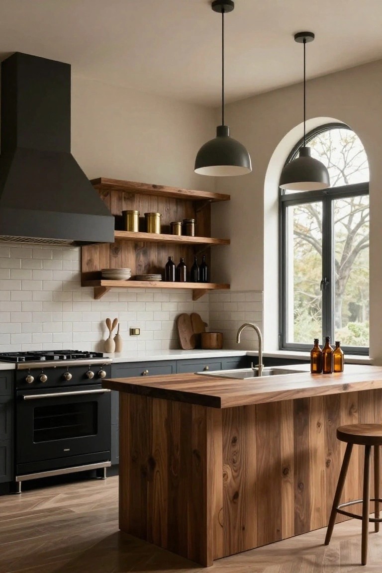 Transitional kitchen with navy lower cabinets, matte black range and hood, white subway tile backsplash, open walnut wood shelves holding brass containers and bottles, large thick walnut island with wooden stool, and arched window showing trees outside.