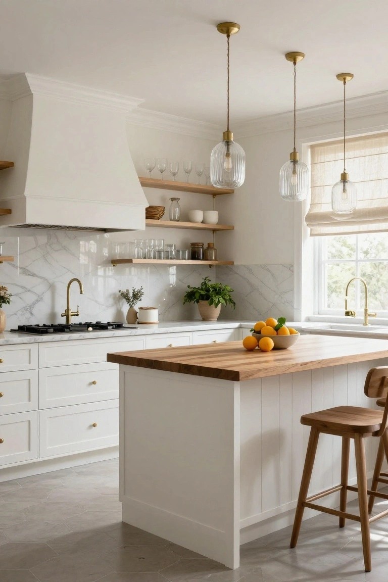 White kitchen with marble backsplash, gold faucets and hardware, wooden island countertop holding oranges in a bowl, wooden bar stools, open shelves, and pendant lights.