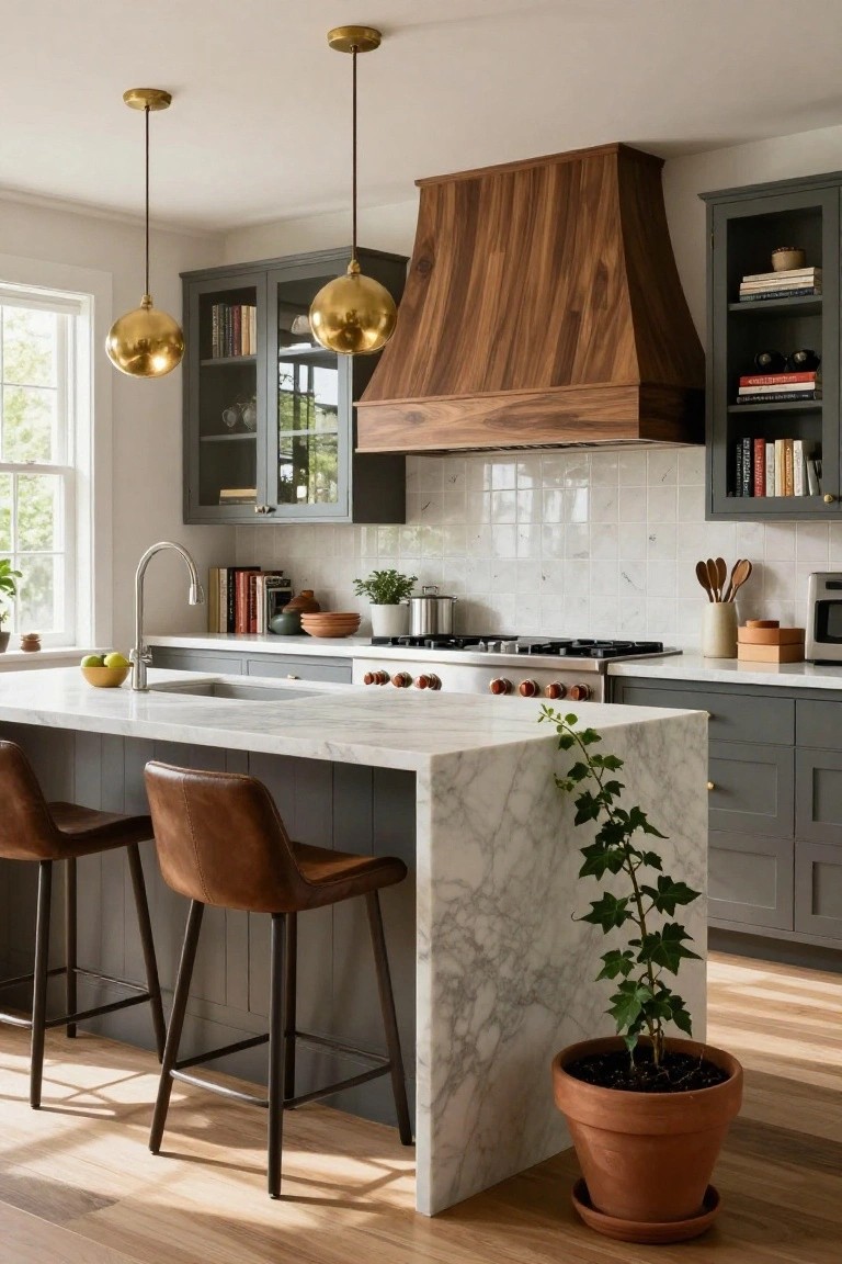 Transitional kitchen with wooden range hood over gas range, gray cabinets, white marble island with two leather stools, brass globe pendant lights, and ivy plant on counter.