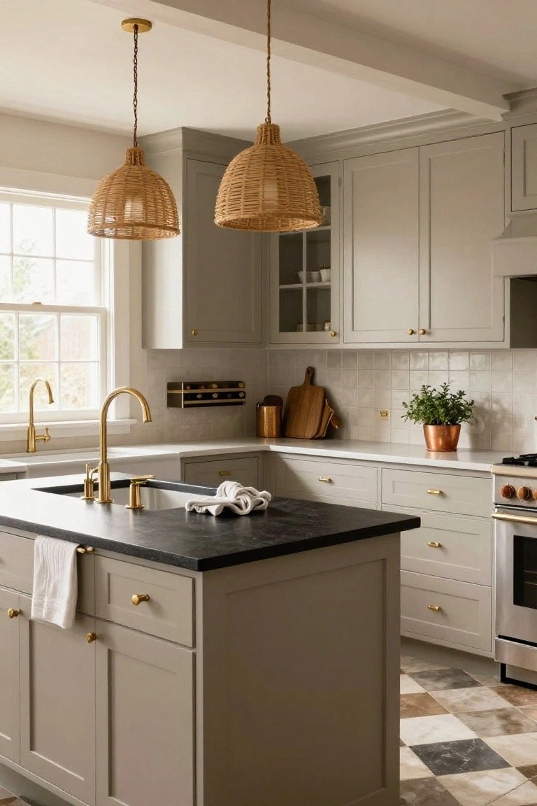 A transitional kitchen with light gray shaker-style cabinets, a dark gray island topped with black granite, rattan pendant lights hanging above, gold hardware and faucet, white countertops, and checkered floor tiles.