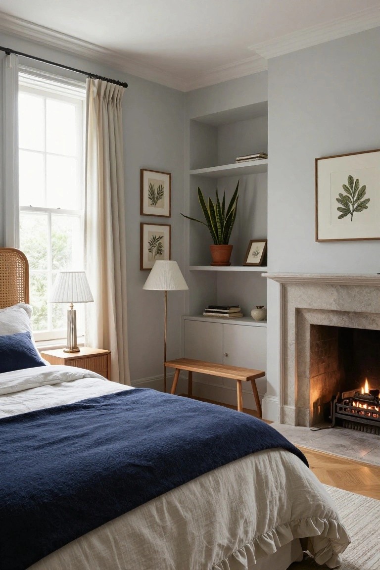 Corner of a bedroom with light gray walls, lit stone fireplace flanked by built-in wooden shelves holding books plants and ceramics, rattan headboard bed with white sheets navy throw, wood side table with lamp, bench, and large window with cream curtains.