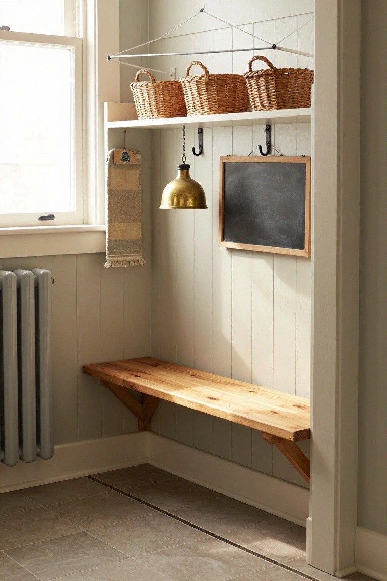 Corner of a light green paneled mudroom with wooden bench on wall brackets, shelves holding wicker baskets above, chalkboard, hanging towel and brass lamp, and gray radiator.