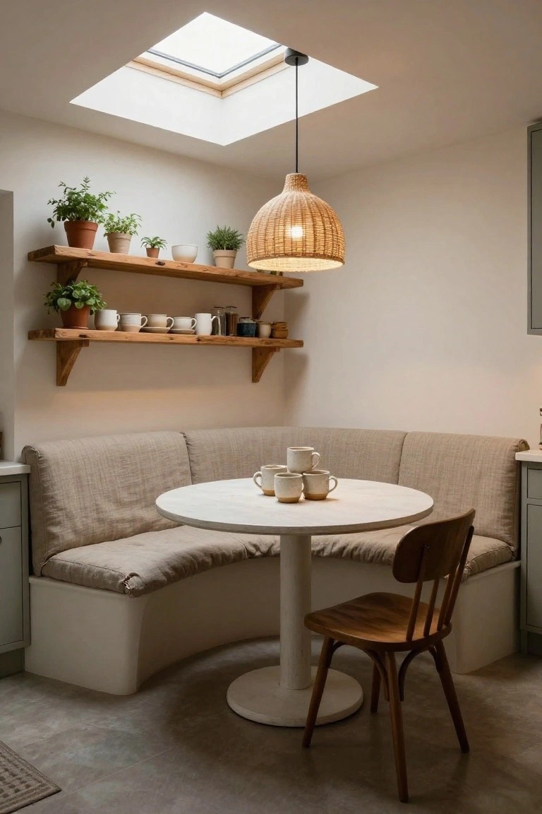Curved beige booth seating in a kitchen corner around a round white pedestal table with two mugs, a wooden chair beside it, wooden shelves with plants and ceramics on the wall, and a woven pendant light overhead.