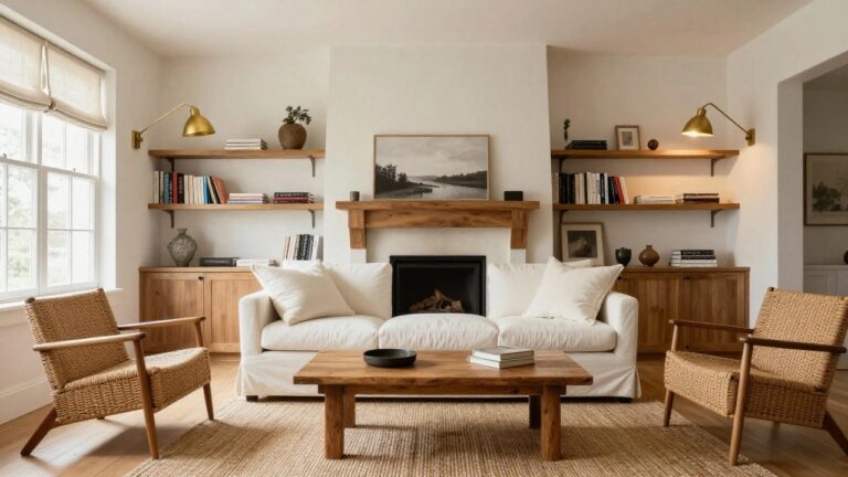 A living room with a fireplace flanked by matching gray built-in bookshelves filled with books and decor, a white sofa facing it, wooden coffee table with stacked books, seagrass rug, and white floors.