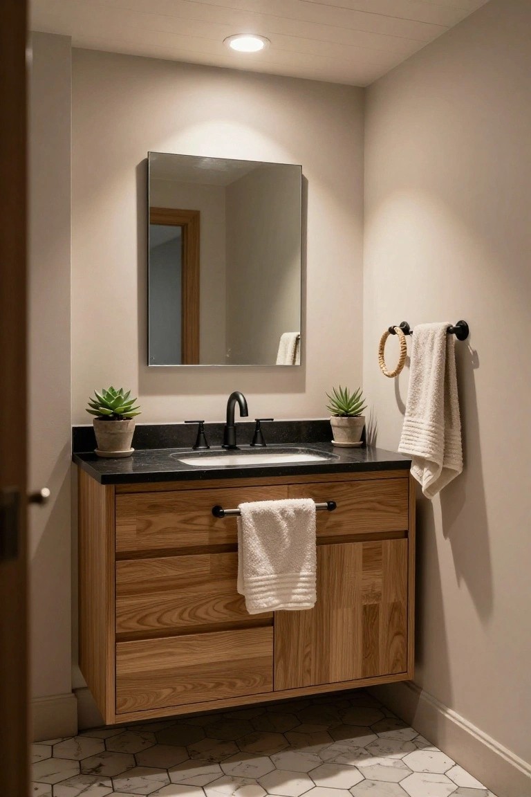 Bathroom corner with floating oak wood vanity cabinet, black quartz countertop and sink, matte black faucet and handles, round mirror above, white towels on hooks and drawer pull, potted succulents, and white hexagonal floor tiles.