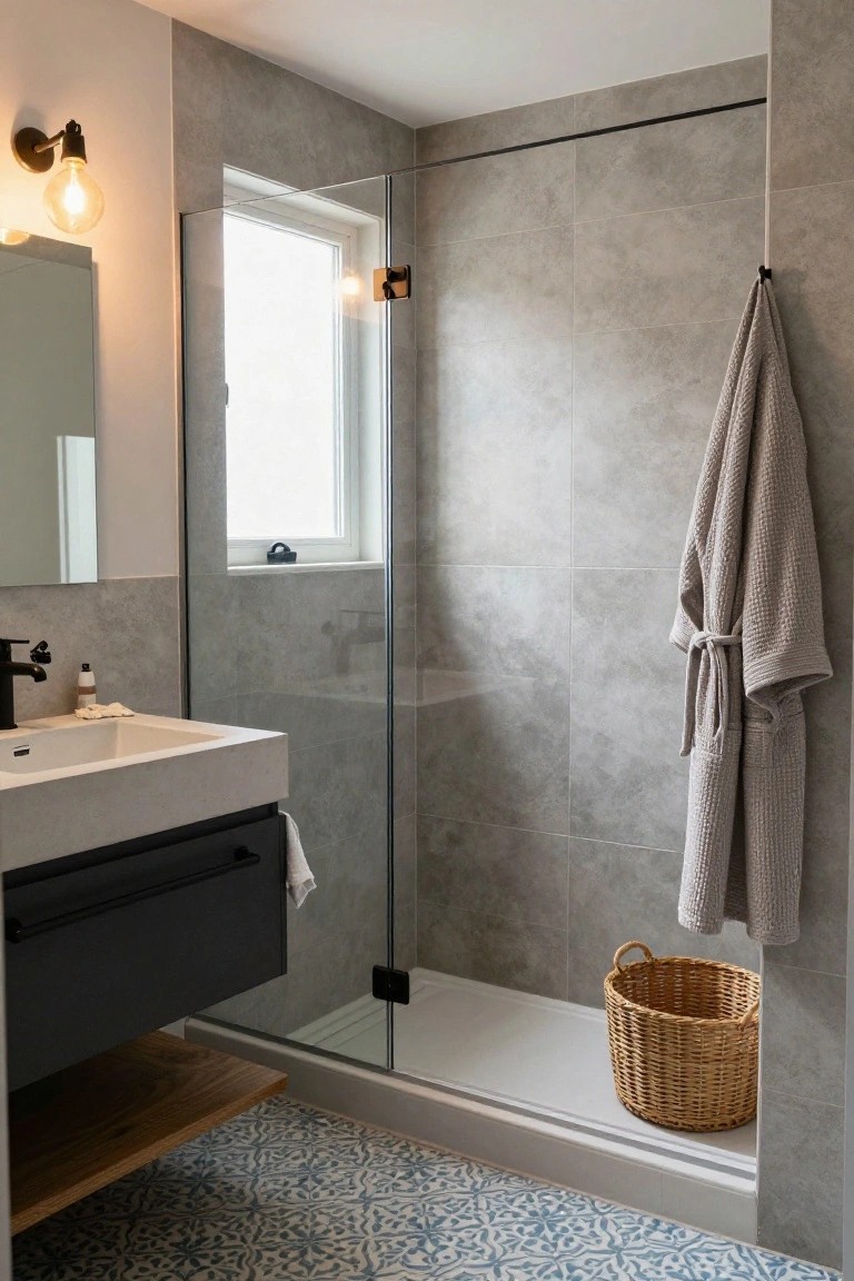 Modern bathroom interior with light gray matte tiles on walls extending into a frameless glass shower enclosure, black sink faucet and cabinetry, wood shelf, blue patterned floor tiles, hanging gray towel and robe, and wicker basket.