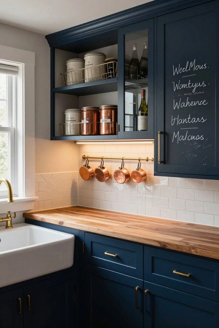 Kitchen corner featuring navy blue cabinets with brass hardware, white farmhouse sink, butcher block countertop, hanging copper pots on brass rail, open shelving with jars and bottles, and chalkboard writing on one cabinet door.