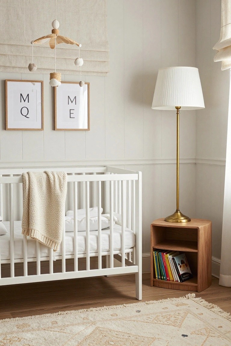 A nursery room with a white crib draped in a cream knit blanket, a rattan and wood mobile hanging above, two oak-framed black letter prints on the wall, a brass floor lamp next to an oak side table holding colorful books, neutral walls and curtains, and a cream rug on wood floors.