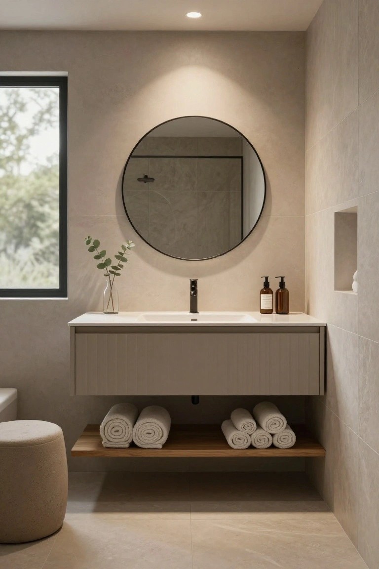 Modern bathroom with floating light gray vanity, wooden shelf below holding stacked rolled white towels, large round black mirror above black faucet, eucalyptus in glass vase, beige tiled walls, and round beige stool nearby.