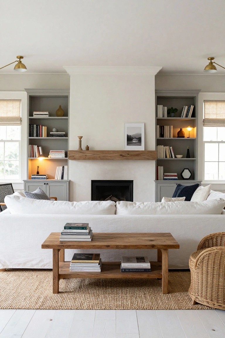 A living room with a fireplace flanked by matching gray built-in bookshelves filled with books and decor, a white sofa facing it, wooden coffee table with stacked books, seagrass rug, and white floors.