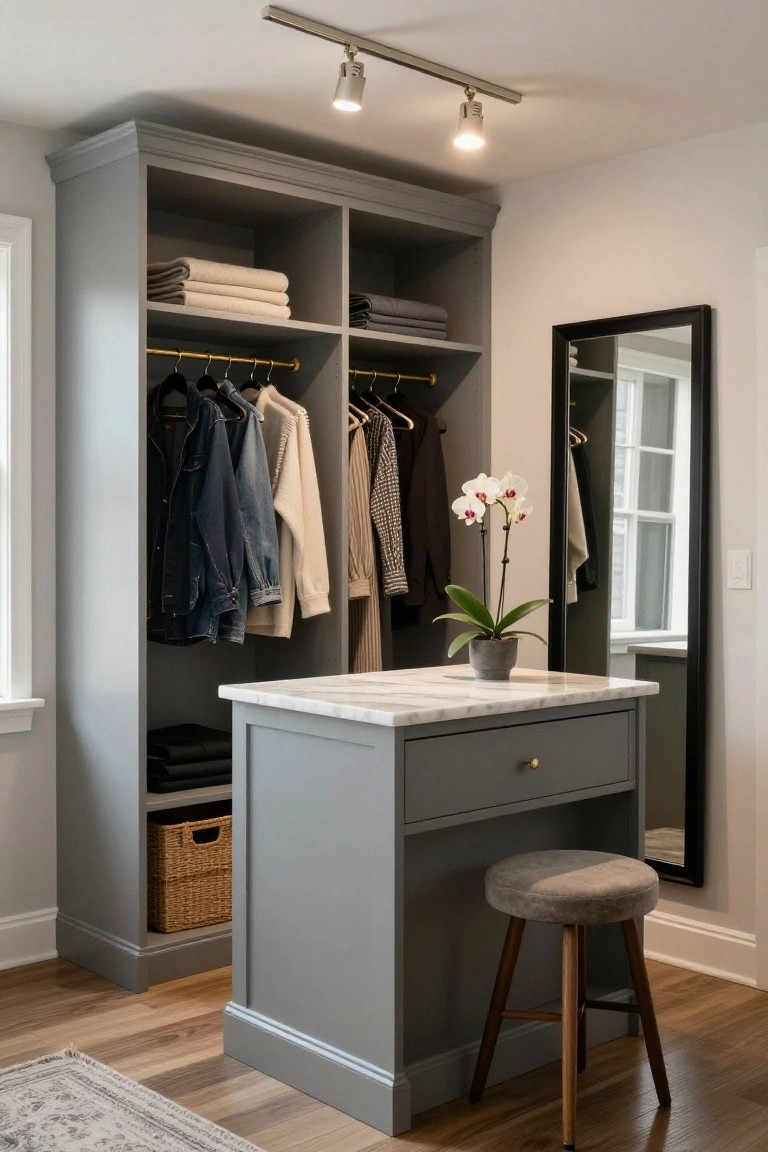Gray built-in walk-in closet with open shelves holding folded towels and clothes, hanging rods with garments, central gray island topped with marble holding a potted white orchid, wood stool, and adjacent black-framed mirror.