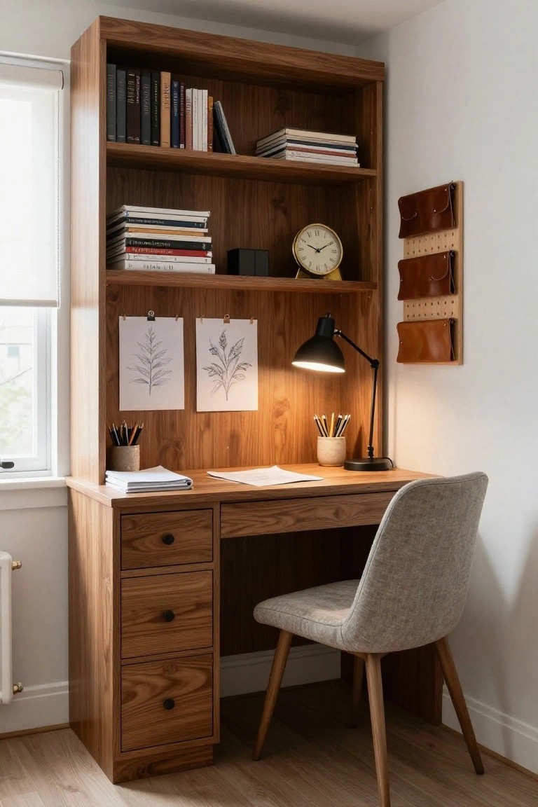 Wooden built-in desk hutch with open shelves holding stacked books, magazines, clock, desk lamp, and plant drawings on the wall beside pencils in a holder, paired with a gray upholstered chair in a bright room with a window and radiator.