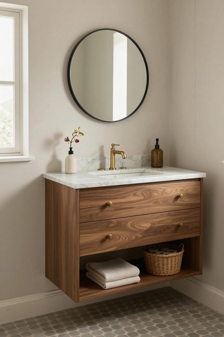 Bathroom corner with floating walnut wood vanity, white marble sink top, brass faucet, round black-framed mirror, ceramic bottles, and woven basket holding towels on open shelf above gray dot-patterned tile floor.