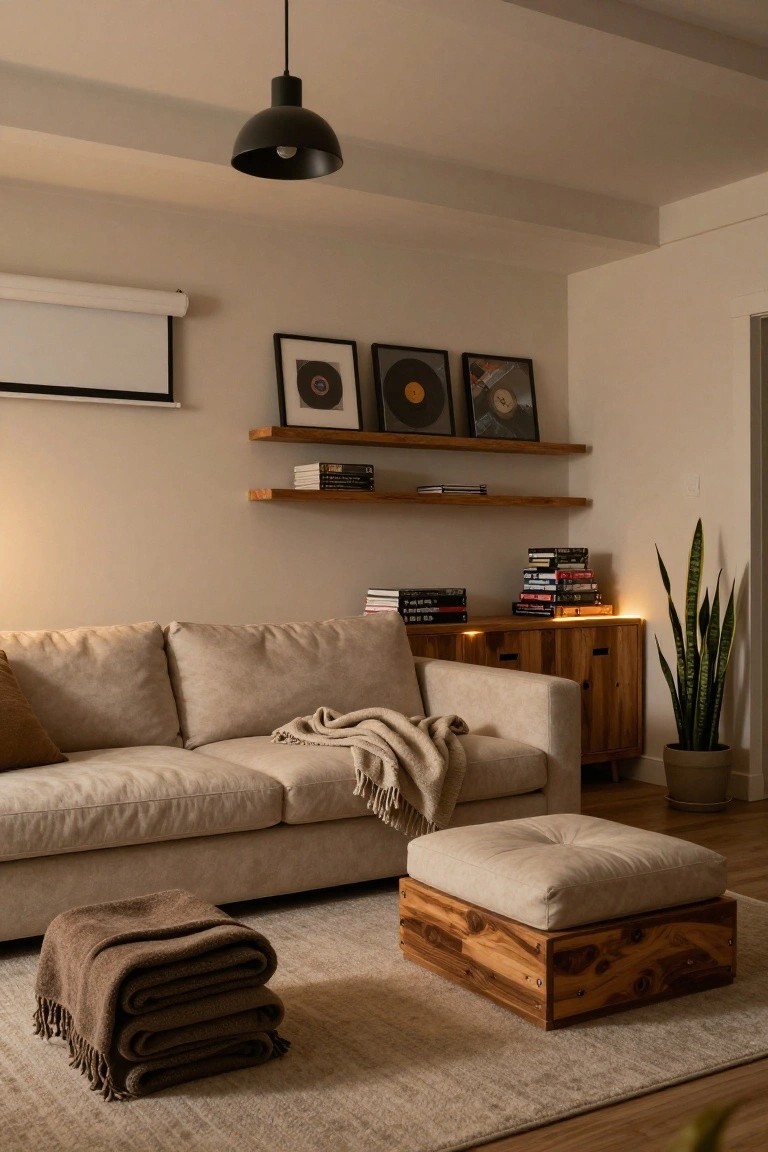 A beige upholstered sofa in a light living room with wooden floating shelves displaying books and vinyl record frames, a wooden credenza with stacked media and a snake plant, a cushioned wooden ottoman, and folded blankets on a light rug.