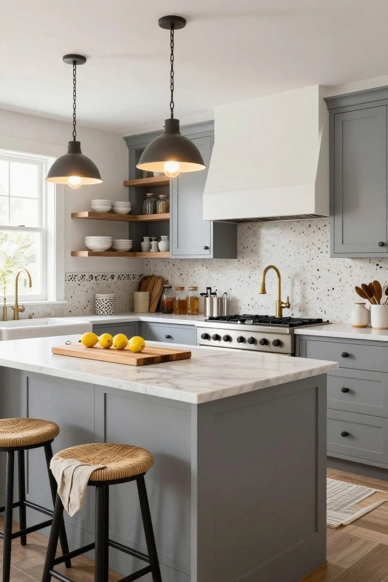 Transitional kitchen with gray shaker-style cabinets, white marble-topped island holding lemons on a wooden board, gold gooseneck faucet over gas range, speckled white backsplash, open shelves with dishes, black chain pendant lights, and rattan bar stools on wood floors.