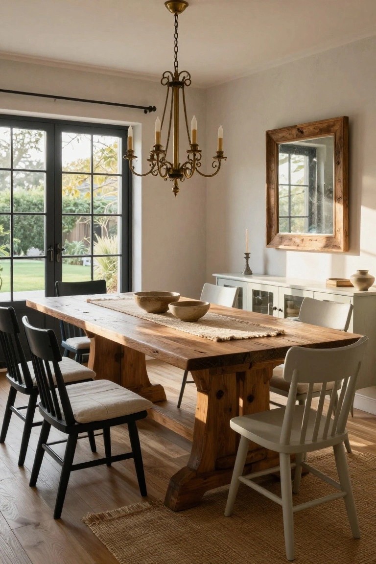 Interior dining room with a large rectangular wooden trestle table, black chairs on one side and white chairs on the other, brass chandelier overhead, white sideboard, and black-framed windows to a garden view.