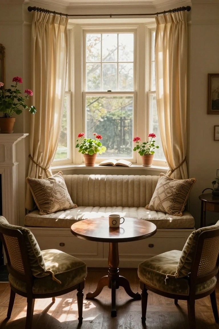 Sunlit interior bay window nook with cushioned bench seat topped by pillows, small round wooden table with white mug, two upholstered armchairs, potted red geraniums on sills and floor, neutral drapes, and open book on windowsill.