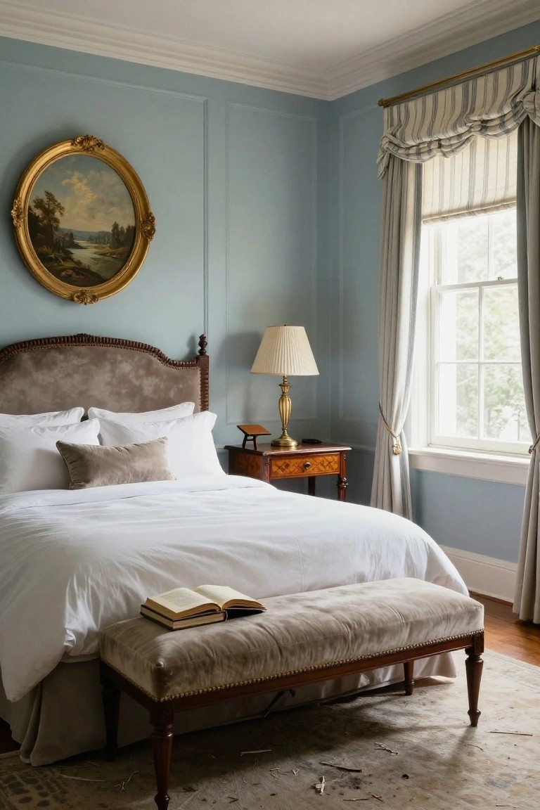 Corner view of a bedroom with pale blue paneled walls, antique-style wooden bed with brown upholstered headboard and white linens, velvet bench at foot of bed, brass lamp on wood side table, and window with striped swag valance and gray curtains.