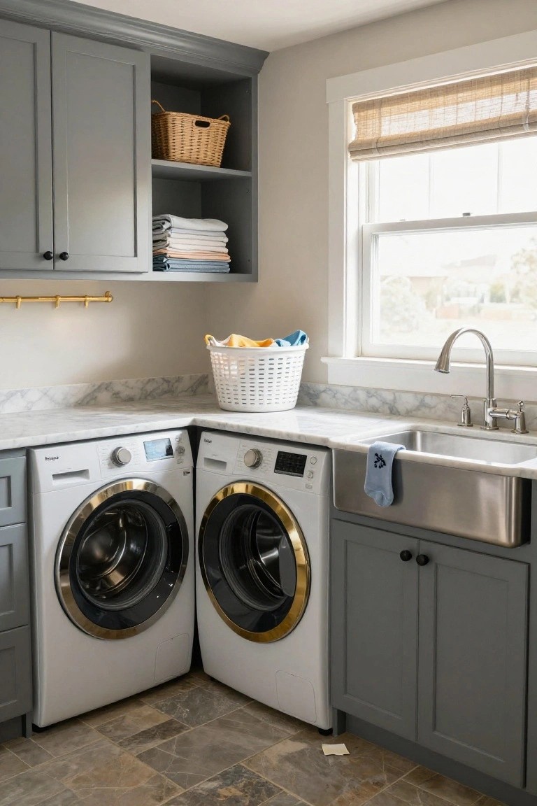 A corner laundry room with two white front-loading washers and dryers accented in gold, gray shaker cabinets, white marble countertop, stainless steel farmhouse sink, wicker laundry baskets, and stacked towels on open shelves.