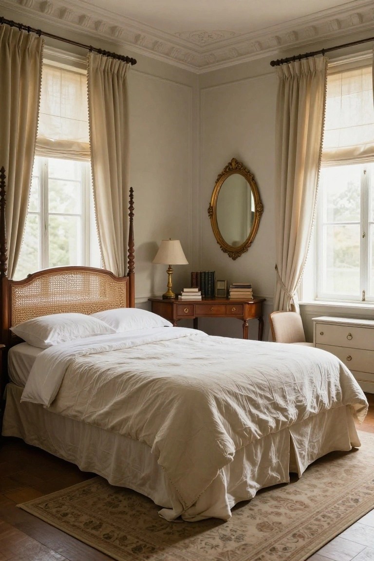 Corner of a light gray bedroom with a four-poster bed featuring a cane headboard and footboard, white linen bedding and skirt, sheer curtains on tall windows, a gilded oval mirror, wooden desk with books, and a beige armchair.