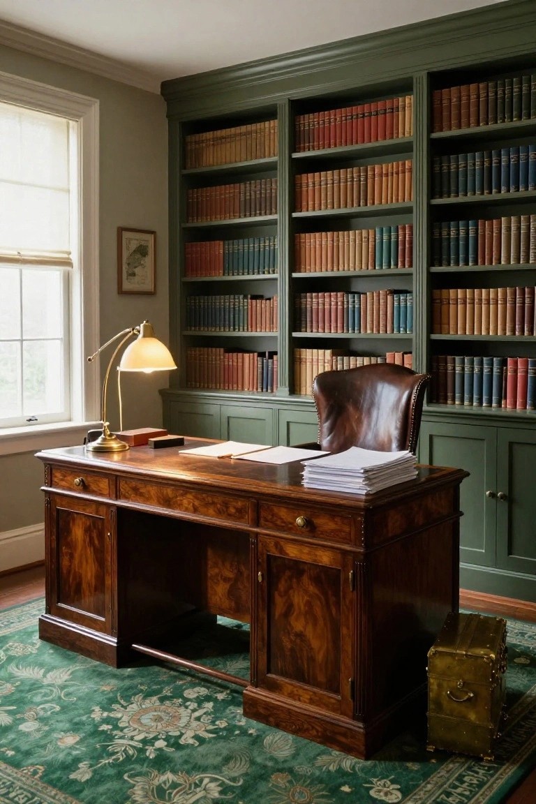 A library room with dark green built-in bookshelves filled with multicolored books, a polished wooden desk topped with papers and a lamp, a brown leather armchair, brass desk accessories, and a green patterned rug on wood floors.