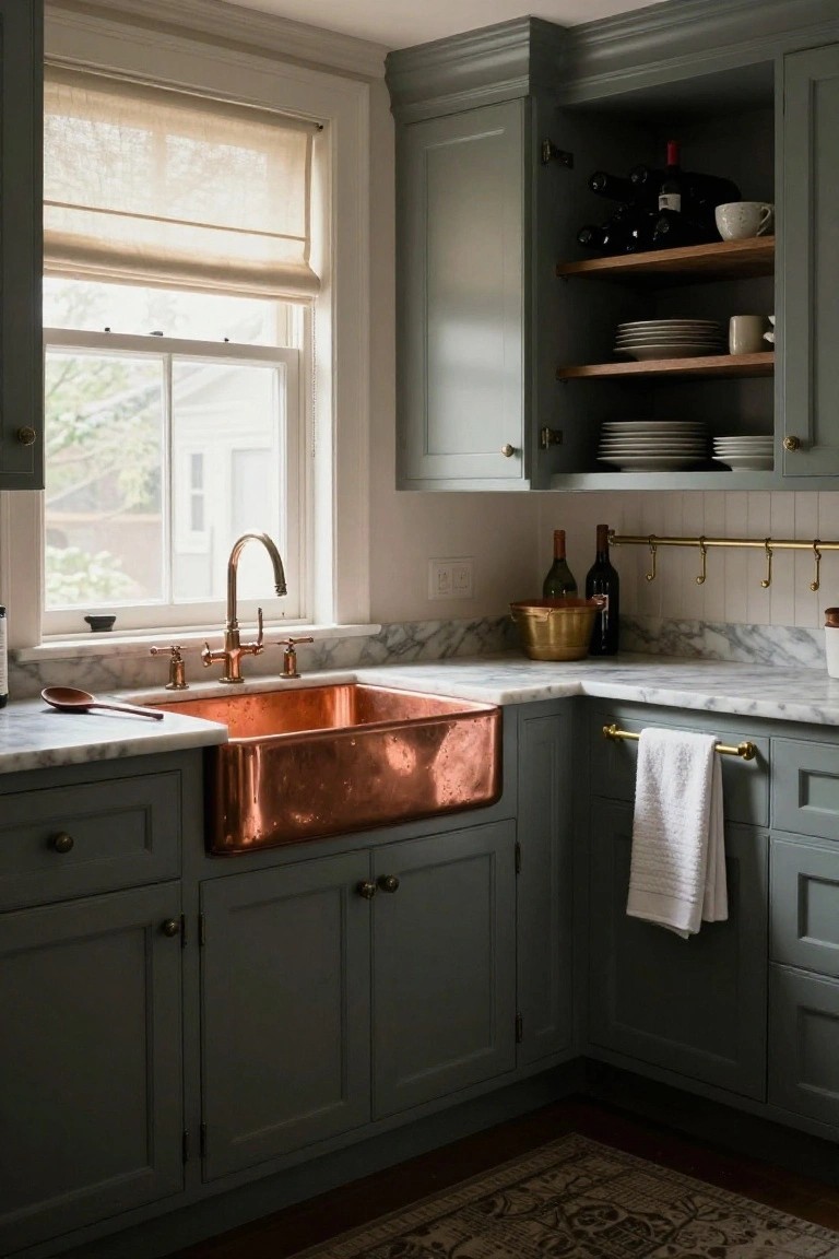 Corner view of a kitchen with sage green cabinets, hammered copper apron-front sink, brass bridge faucet, white marble countertops, brass towel rail, open wood shelves holding dishes and wine bottles, and a window with linen shade.