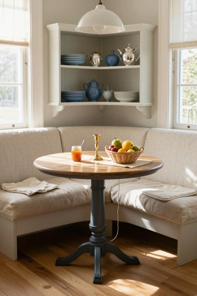 Sunlit kitchen corner with beige upholstered banquette seating around a round wooden pedestal table, white open shelving displaying blue and white dishware and teapots, a wicker fruit basket, mason jar of orange juice, and gold candlestick on the table.